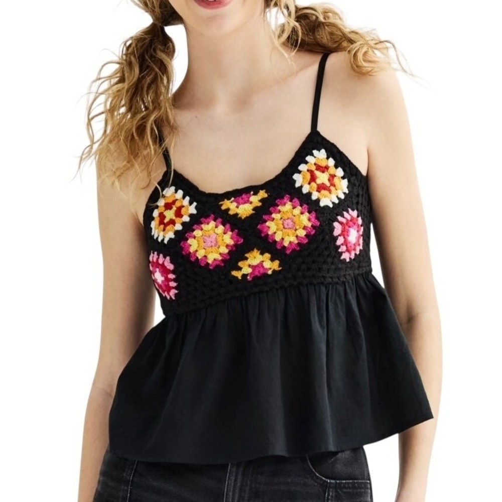 Dizzy Lizzy Crochet Tank Top Floral Smocked‎ Back 100% Cotton Made in India Sz S
